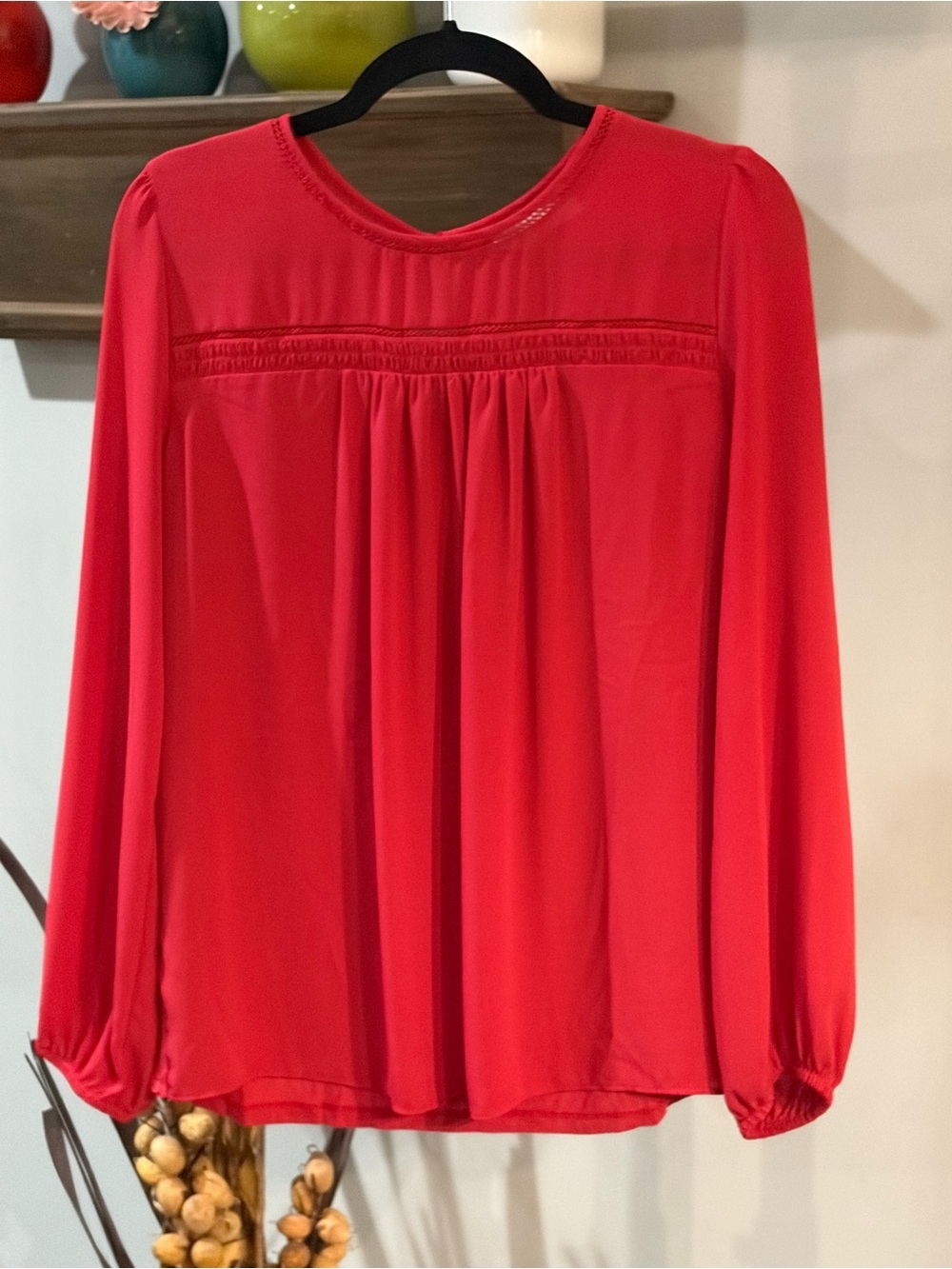 LOFT Red Long-Sleeve Pleated Yoke Blouse size medium